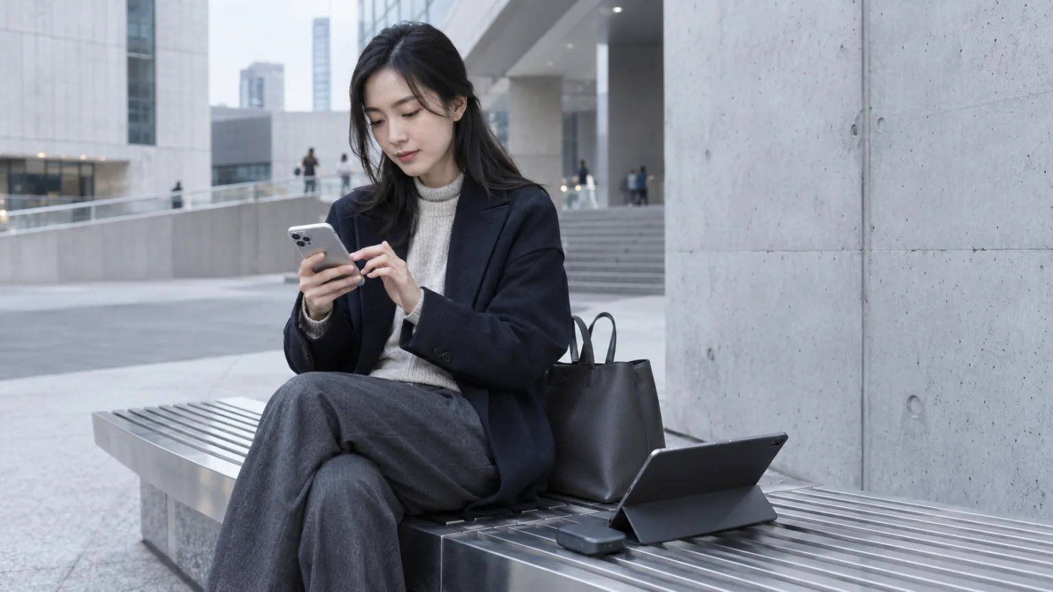 城市建筑休息区中使用手机的成年人及身旁的平板和便携热点