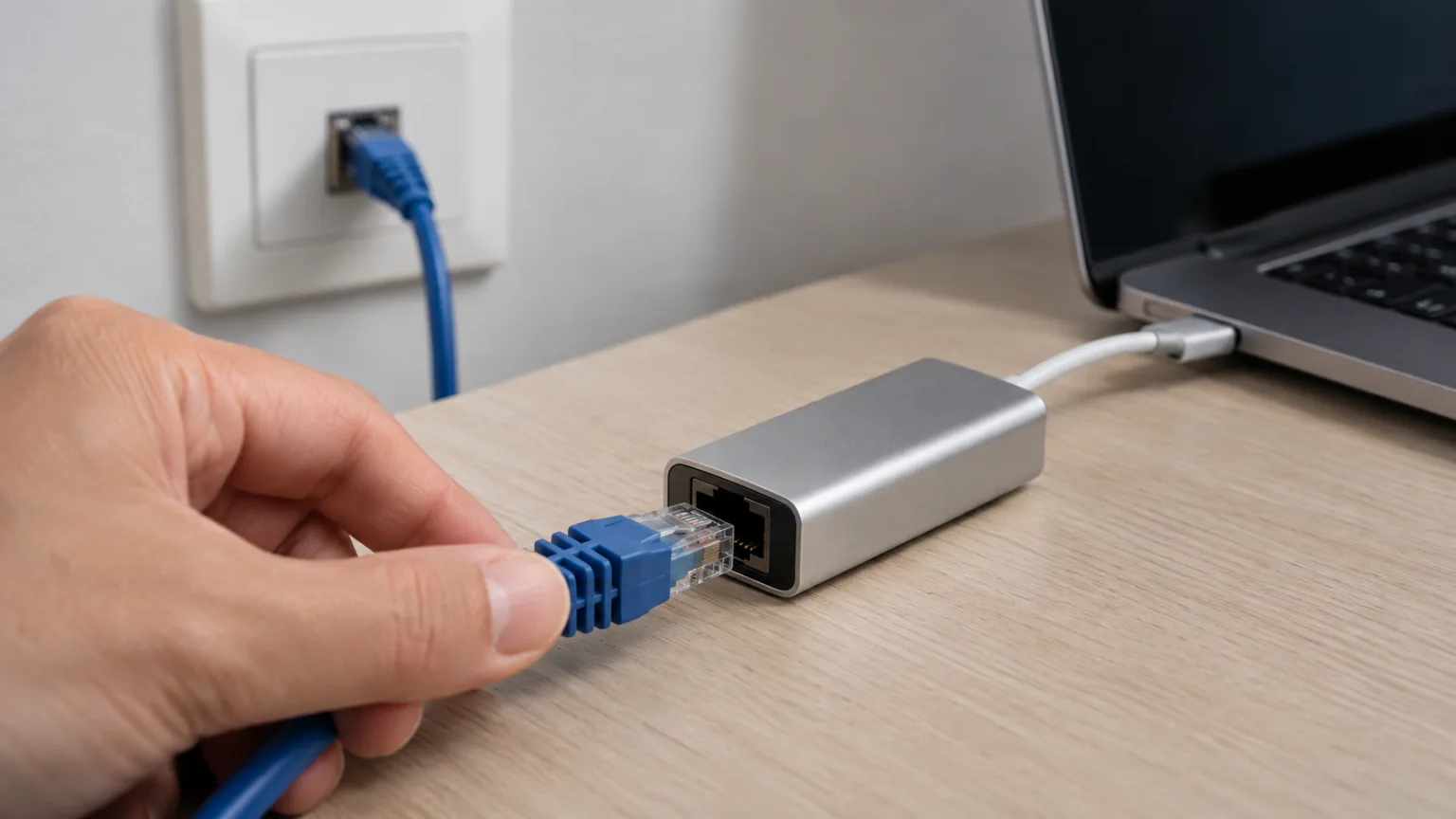 手部将RJ45网线接入笔记本旁的USB-C以太网转接器